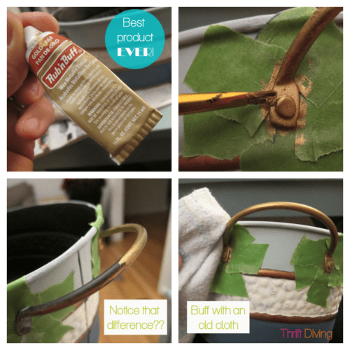 How to Make a DIY Craft Gift Basket - Use Rub n Buff metallic wax finish to change the look of tarnished metal handles. - Thrift Diving