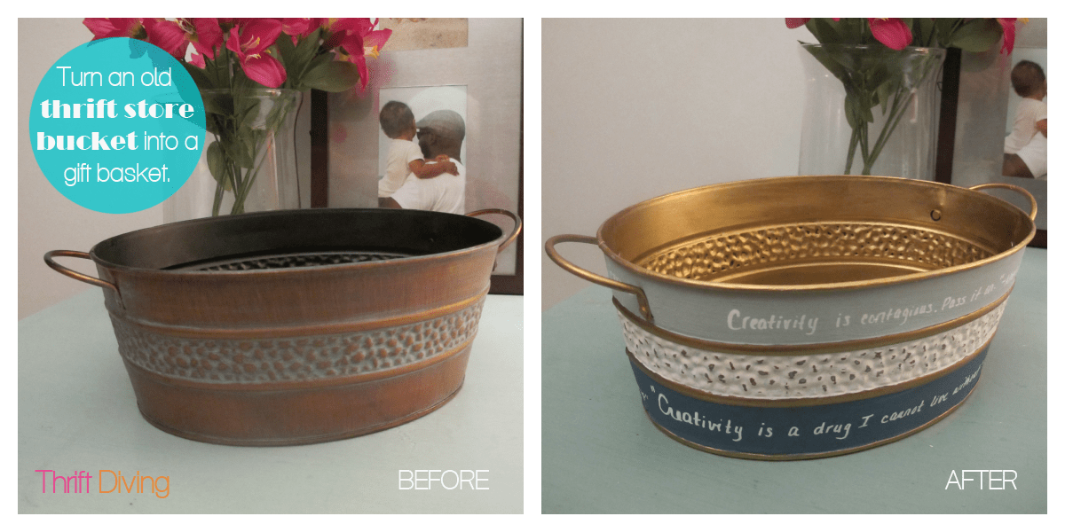 How to Make a DIY Craft Gift Basket - BEFORE and AFTER of an old bucket that has been turned into a crafting gift basket for a friend. - Thrift Diving