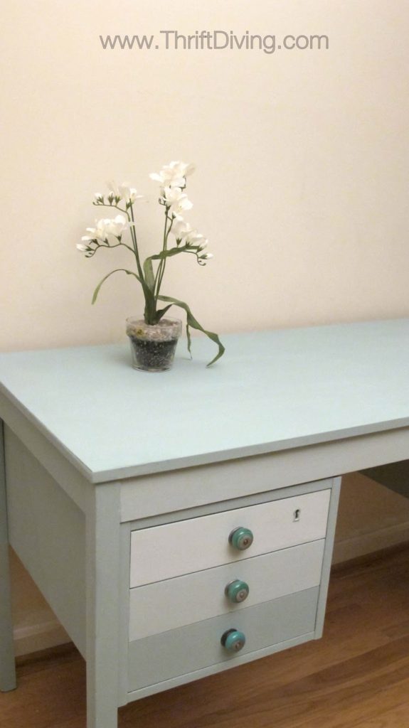 A desk from the dumpster gets a makeover with Annie Sloan Duck Egg and new glass knobs. | Thrift Diving