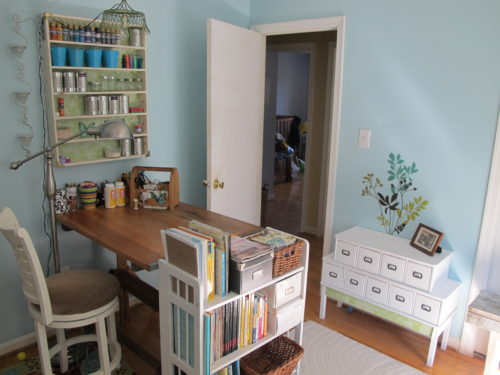 Tips for pulling together a craft room - Pretty turquoise craft room. - Thrift Diving