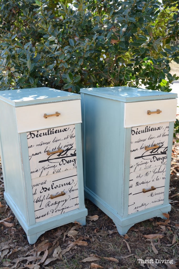 What's the best paint for furniture? These two french side tables from a yard sale were made over with chalk paint and fabric glued to the fronts. - Thrift Diving