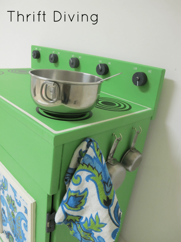 Wooden Play Kitchen Makeover - Cute play stove makeover for kids with new stove burners and paint. - Thrift Diving