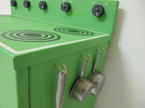 Wooden Play Kitchen Makeover - Make new burners for kids stove and add cup hooks for measuring spoons. - Thrift Diving