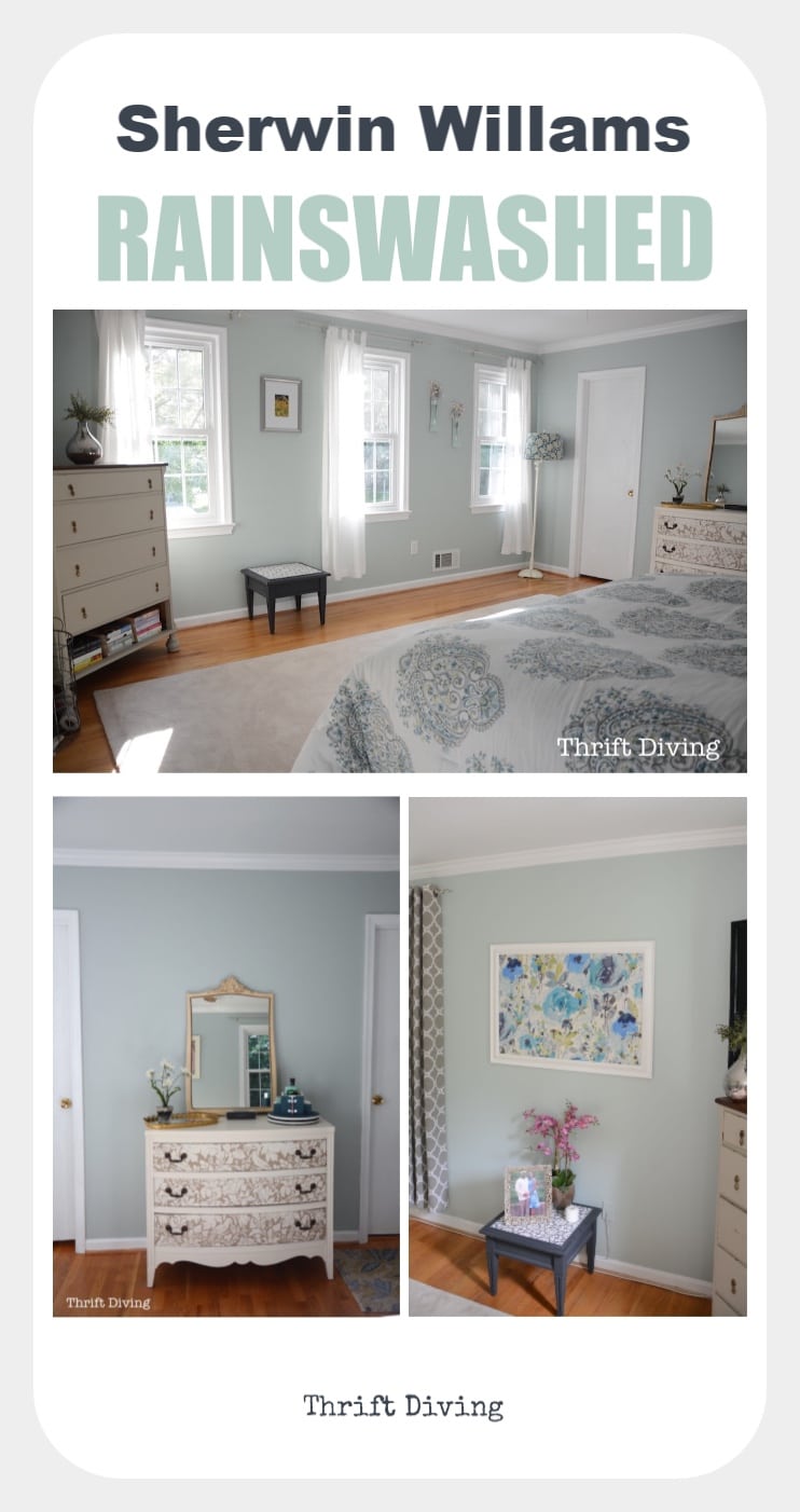 Sherwin Williams RAINWASHED - Perfect for bedrooms or any space that you want a soft, cozy feeling. Love it in my bedroom! Rainwashed goes well with tans, grays, greens, and blues. - Thrift Diving