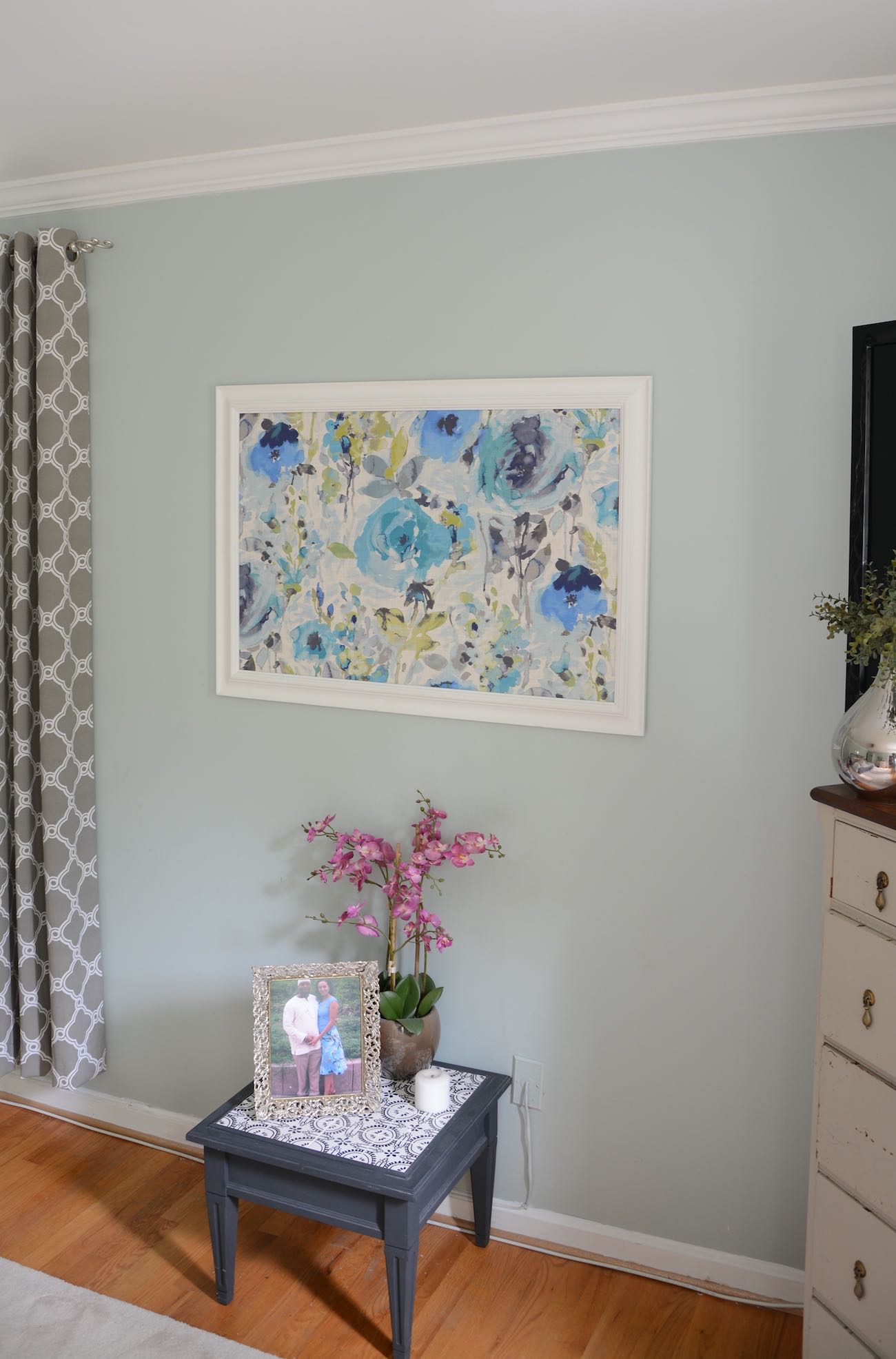 Sherwin Williams Sea Salt and Rainwashed - Rainwashed master bedroom makeover with framed fabric wall art. - Thrift Diving