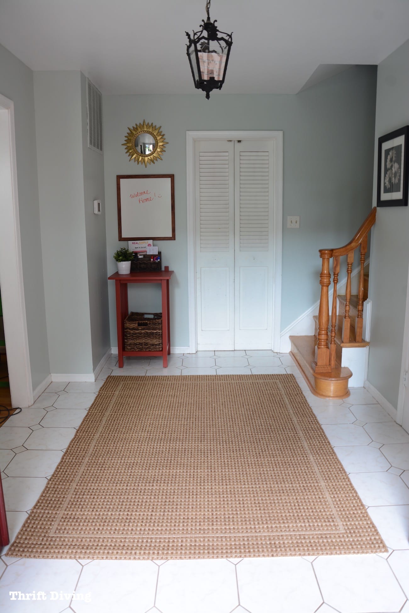 Sherwin Williams Sea Salt and Rainwashed - Sea Salt paint color in a foyer - AFTER - Thrift Diving