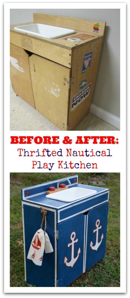 Wooden play kitchen makeover from the thrift store - Painted DIY play kitchen - Thrift Diving