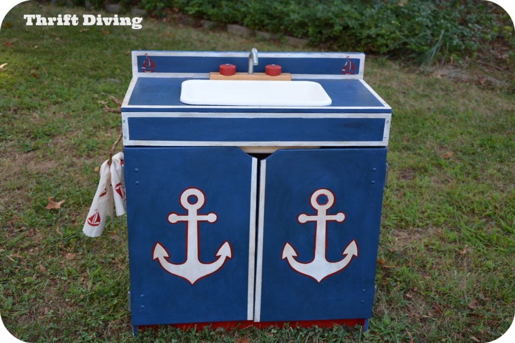 Wooden play kitchen makeover from the thrift store - Nautical theme play kitchen for kids. -2 Thrift Diving