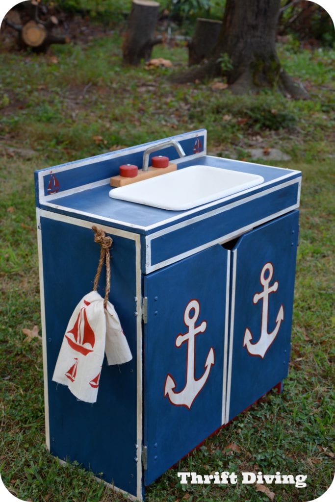 Wooden play kitchen makeover from the thrift store - Nautical theme play kitchen for kids. -AFTER - Thrift Diving