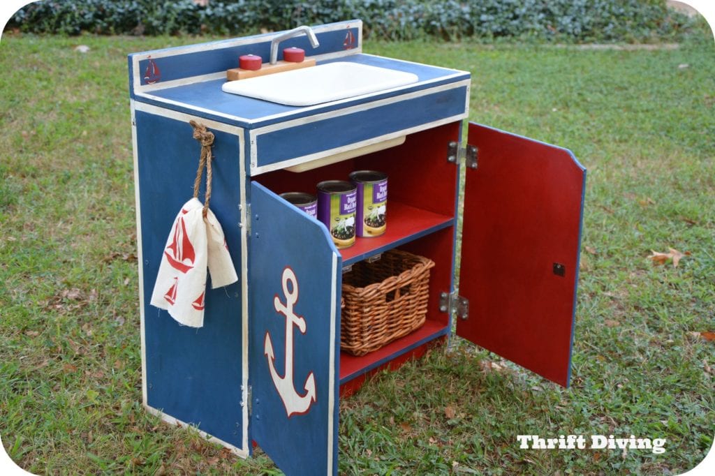 Wooden play kitchen makeover from the thrift store - Nautical theme play kitchen for kids. - Thrift Diving