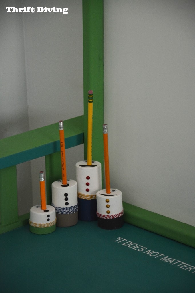 Repurposed changing table: Cut off legs and use scraps of changing table legs to make Snowmen pencil holders - Thrift Diving