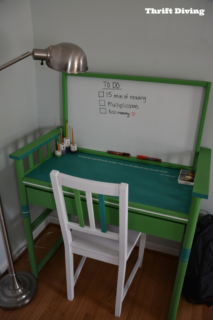 Repurposed changing table: Stencil a motivational quote on a desk, such as Confucious. - Thrift Diving