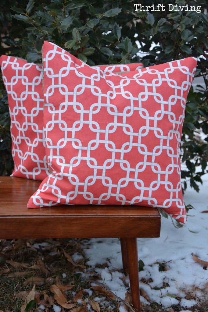 How to Make No-Sew Pillows - Pretty coral no-sew pillow covers. - Thrift Diving