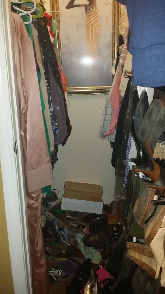 She will purge her small walk-in closet and add shelving.