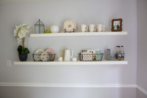 My favorite part, the floating shelves.  DIY plans from Young House Love and Ana White.