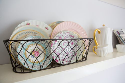 Decorating pieces, vintage china in a wire basket :)