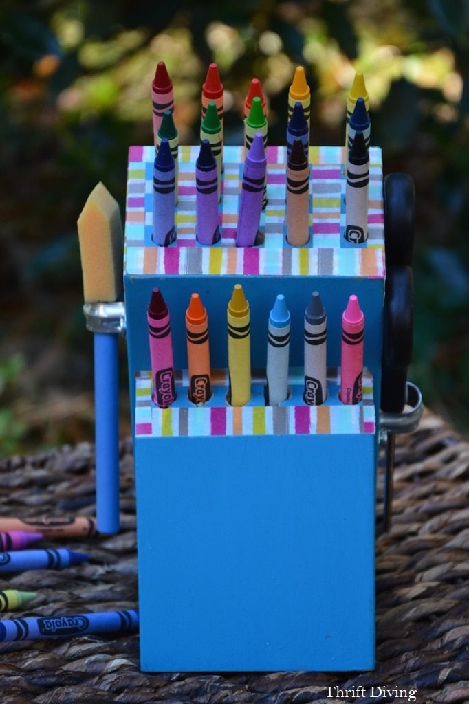 Repurposed Knife Block Ideas: Use washi tape to cover up the knife slats, leaving the holes free to hold crayons. - Thrift Diving