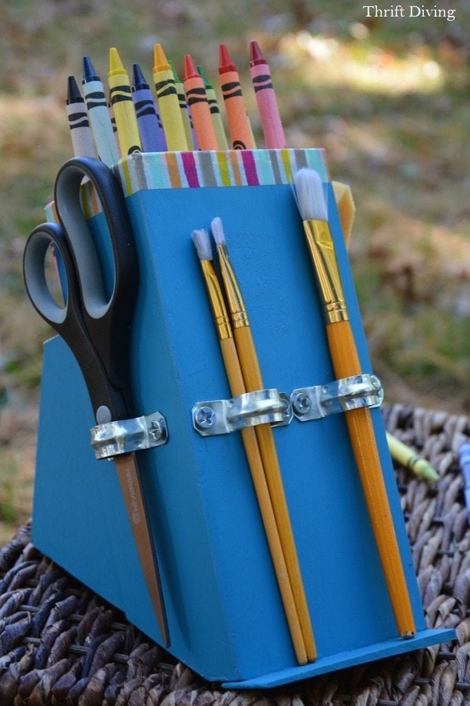 Repurposed Knife Block Ideas: Turn a knife block into a DIY crayon holder and hold scissors and paintbrushes, too. - Thrift Diving