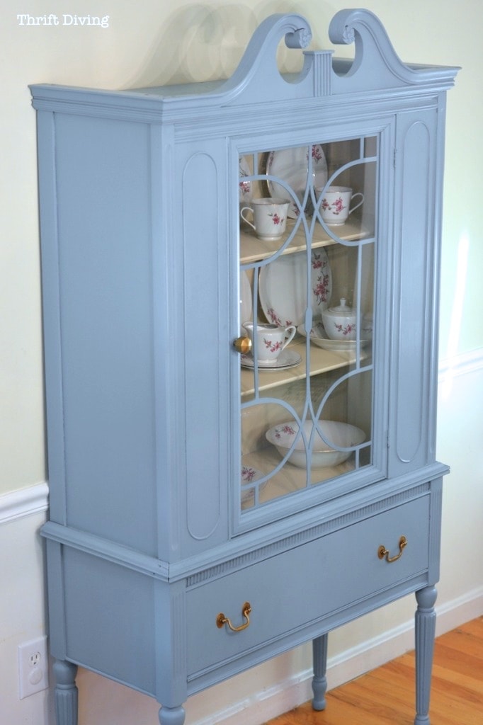 China Cabinet Makeover - Pretty painted china cabinet makeover in Beyond Paint Nantucket blue. - Thrift Diving