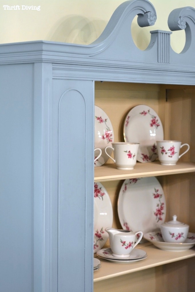 China Cabinet Makeover - Painted china cabinet painted Nantucket blue with a cream white painted inside. - Thrift Diving