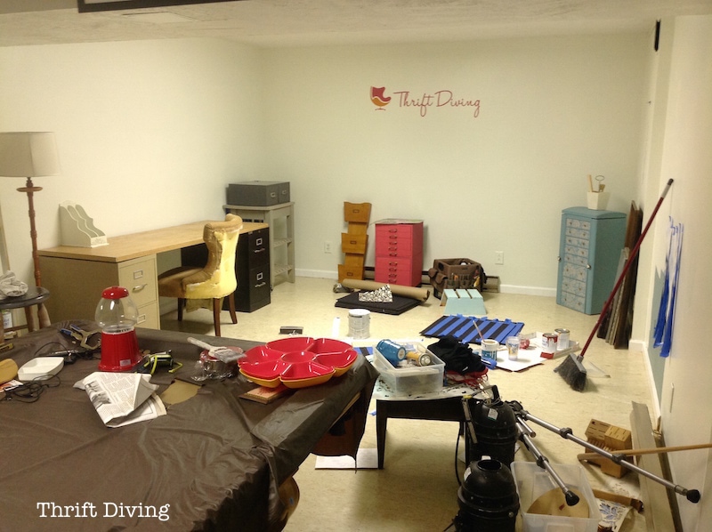 Basement Office Makeover - This mom turned her cluttered basement into a clean basement office with living space for the family. This is the BEFORE. - Thrift Diving