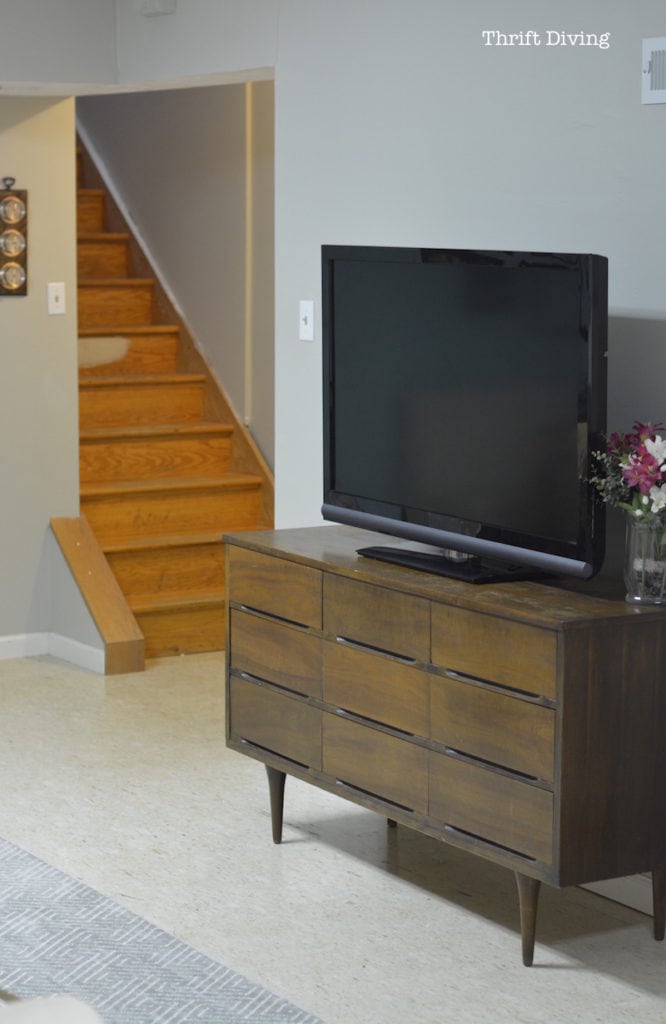 Basement Office Makeover - Mid-century modern dresser TV console from the thrift store. - Thrift Diving