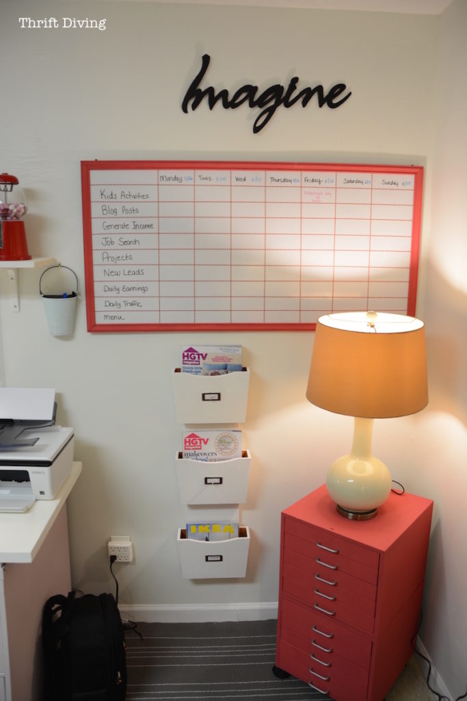 Basement Office Makeover - Make a large DIY whiteboard to hang on your basement office wall, and then paint the whiteboard. - Thrift Diving