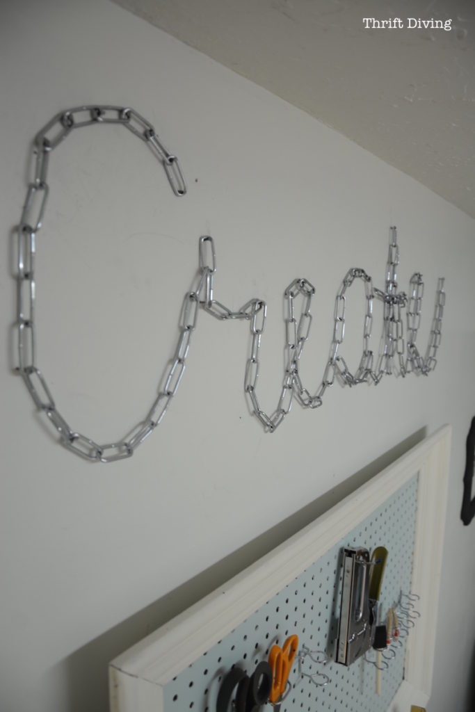 Basement Office Makeover - Use a chain to create DIY wall art on your basement office wall to spell out inspirational words. - Thrift Diving