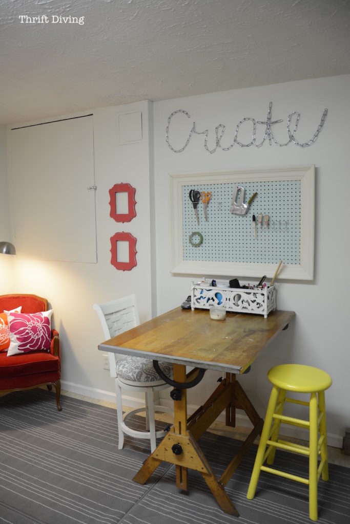 Basement Office Makeover - Drafting table, stool, and pegboard are all second-hand. - Thrift Diving
