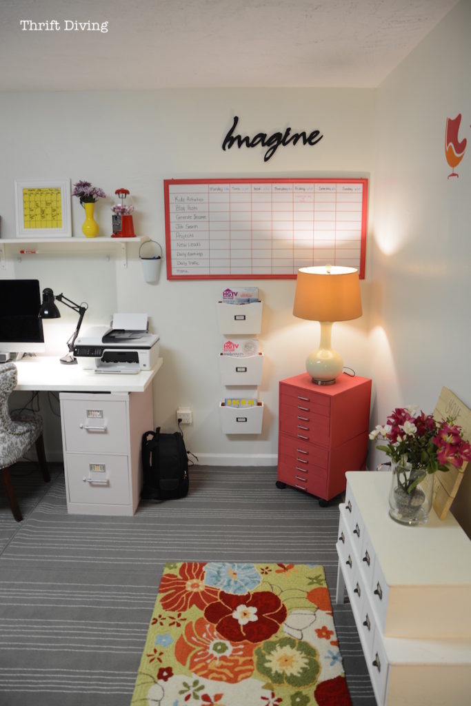 Basement Office Makeover - Pretty thrifted basement office with a big DIY whiteboard, thrifted desk, painted cabinets. - Thrift Diving