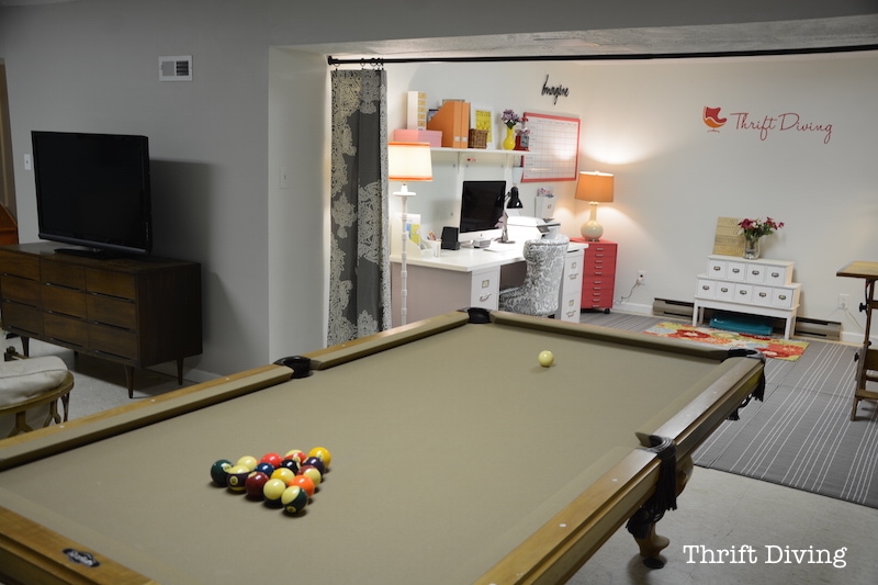 Basement Office Makeover - Basement office with pool table. - Thrift Diving