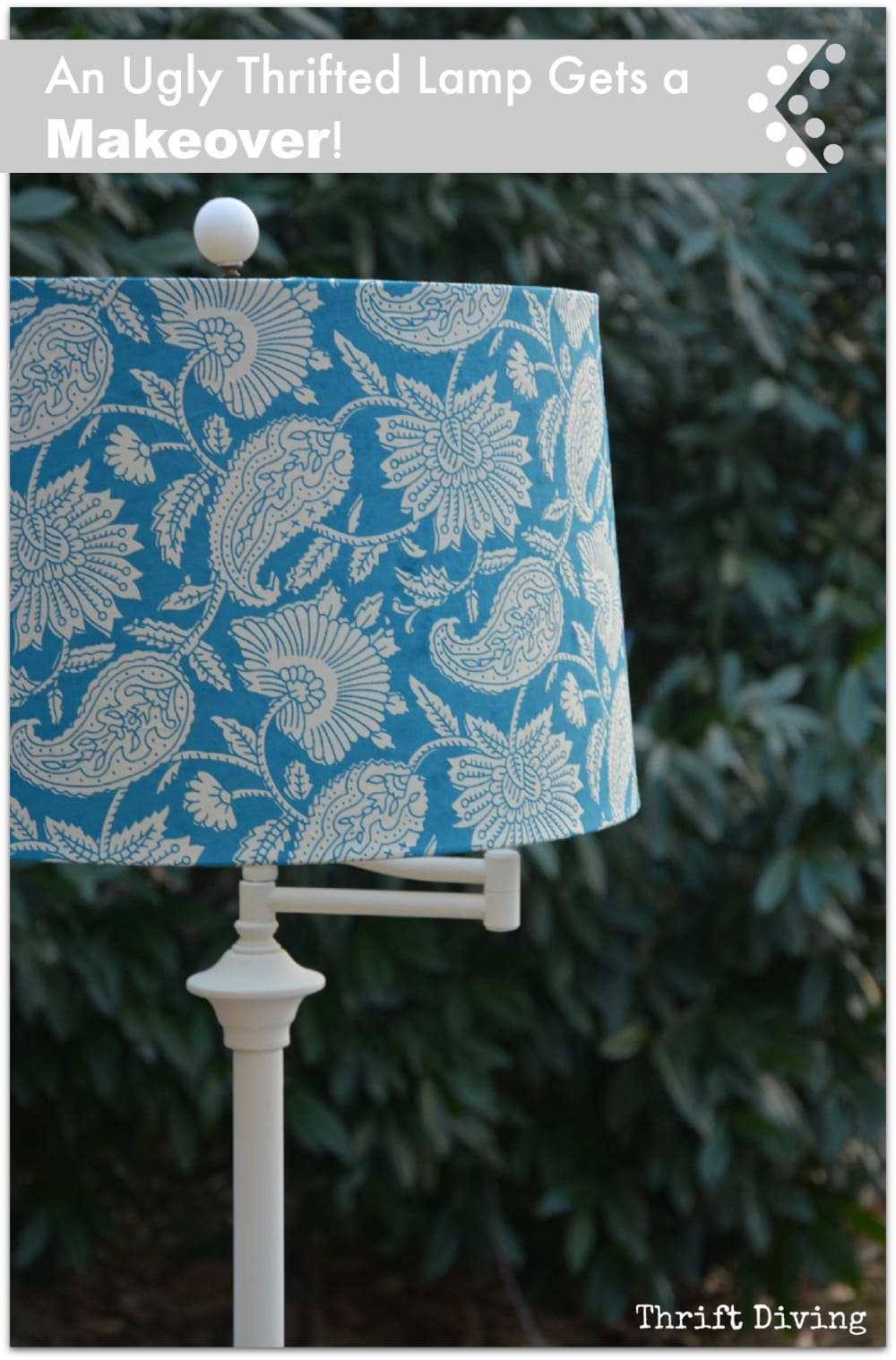 Ugly lamp makeover from the thrift store with pretty paper on the lamp shade. - Thrift Diving
