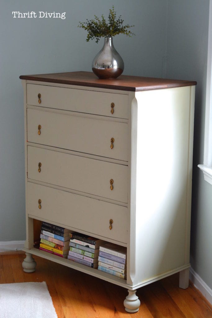 Master bedroom makeover before and after - Pretty dresser makeover with bottom shelf removed for a book shelf. - Thrift Diving