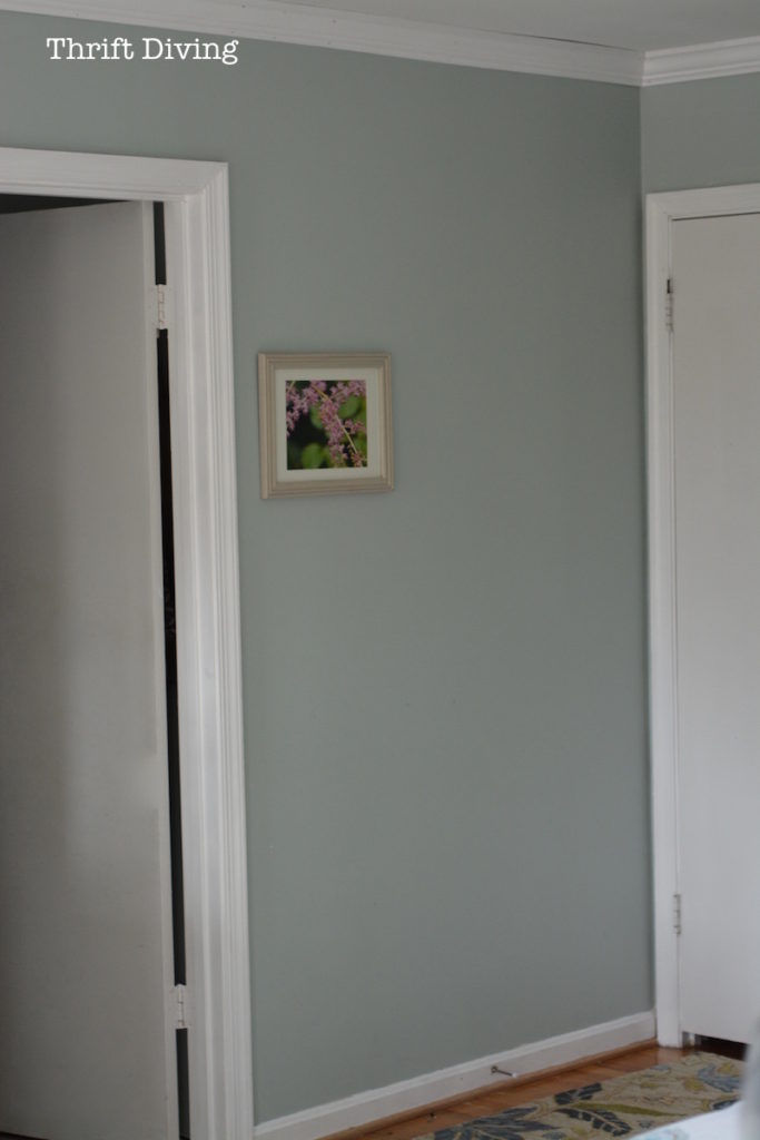 Master bedroom makeover before and after - Pretty bedroom wall paint Sherwin Williams Rainwashed. - Thrift Diving