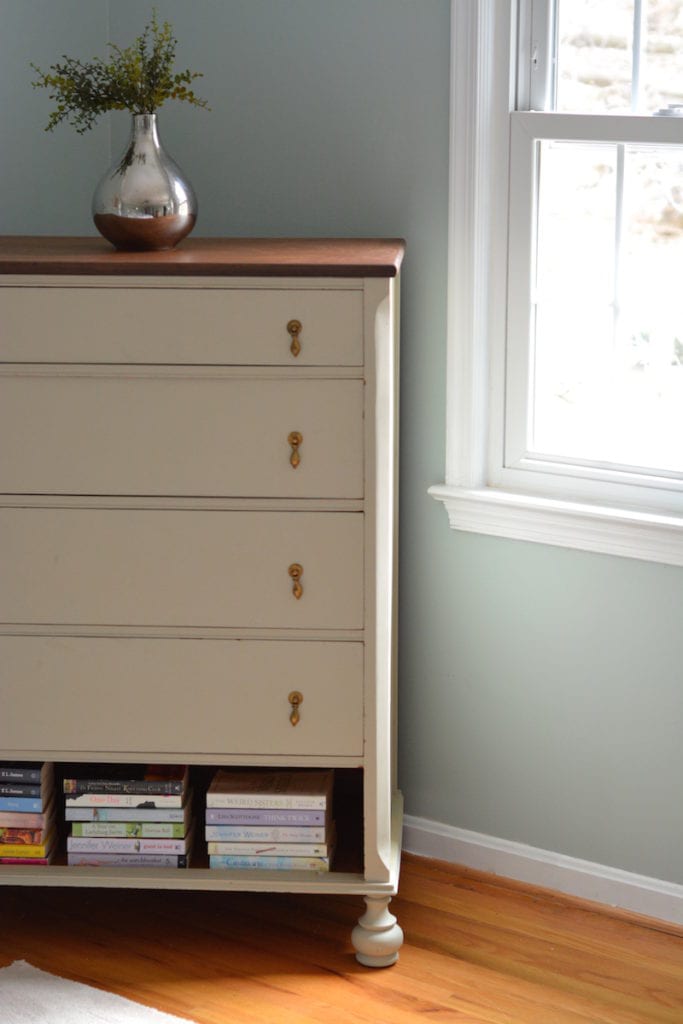 Master bedroom makeover before and after - Pretty dresser makeover with bottom shelf removed for a book shelf, and Sherwin Williams Rainwashed. - Thrift Diving