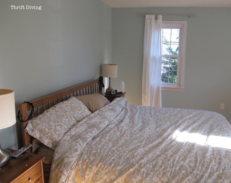 Master bedroom makeover before and after - Sherwin Williams Rainwashed - Thrift Diving