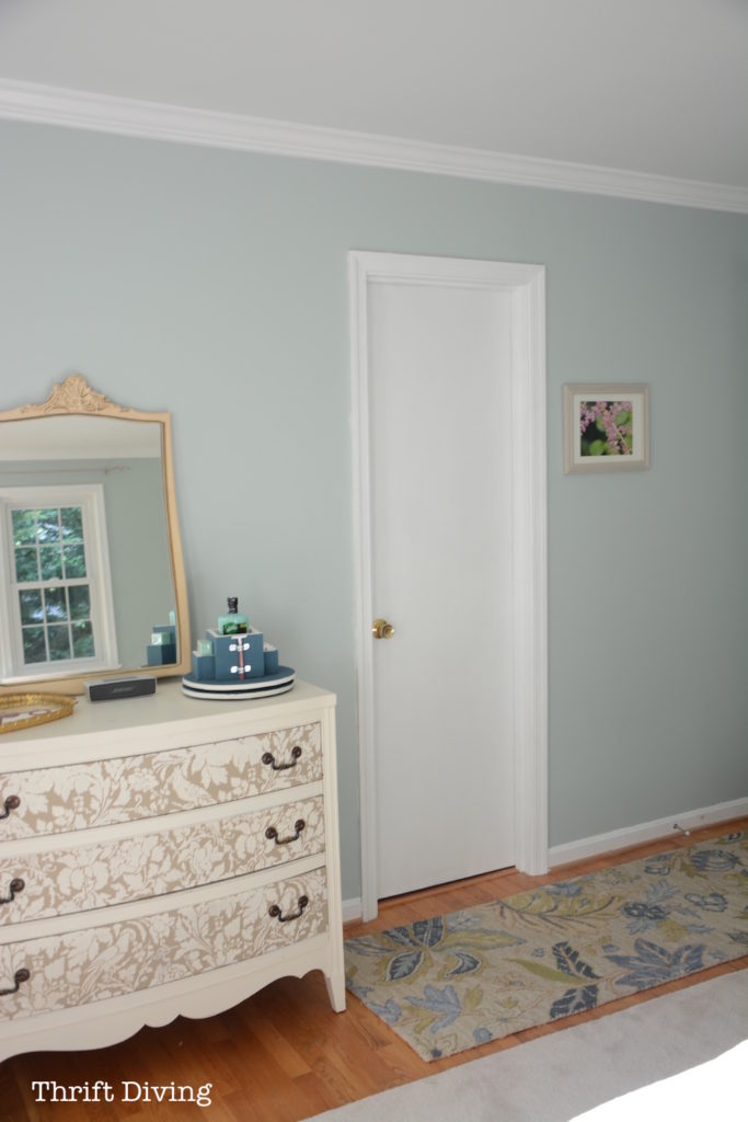 Sherwin Williams Sea Salt and Rainwashed - Rainwashed master bedroom makeover with painted dresser. - Thrift Diving