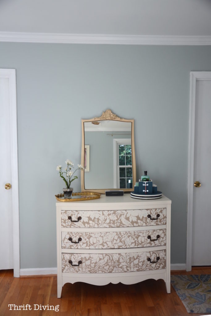 Sherwin Williams Sea Salt and Rainwashed - Rainwashed master bedroom makeover with new crown molding and painted dresser. - Thrift Diving