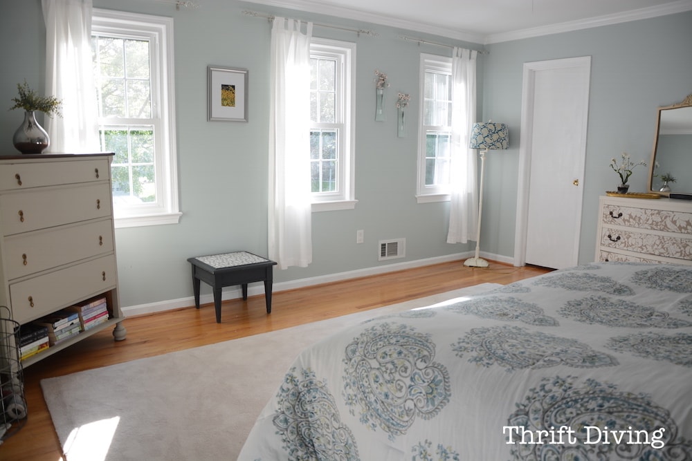 Sherwin Williams Sea Salt and Rainwashed - Rainwashed master bedroom makeover AFTER - Thrift Diving
