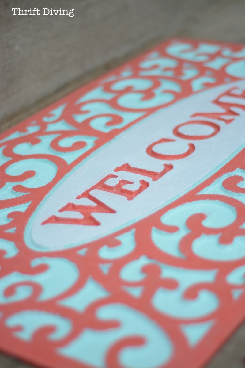 How to Paint a Custom Welcome Mat - AFTER: Turquoise and coral painted custom welcome mat! - Thrift Diving