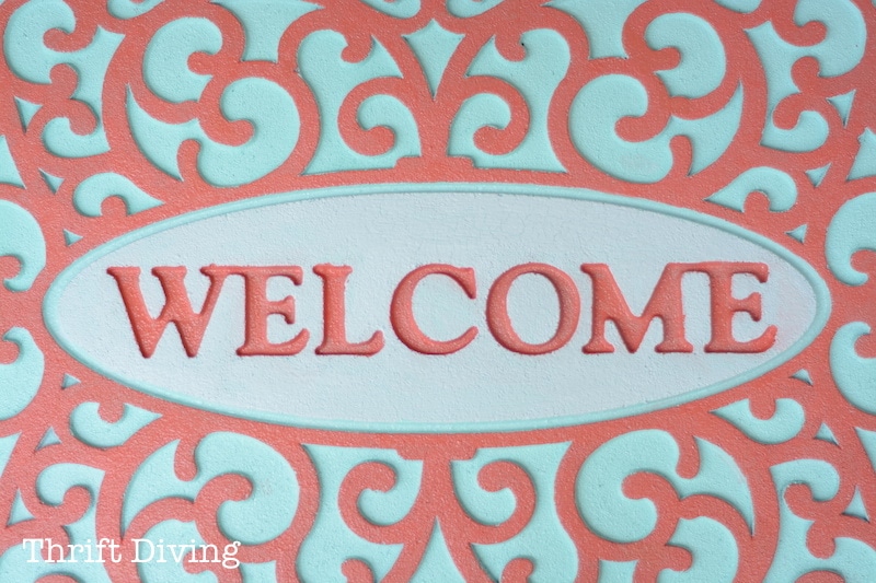 How to Paint a Rubber Custom Welcome Mat - AFTER: Pretty painted welcome mat. - Thrift Diving 