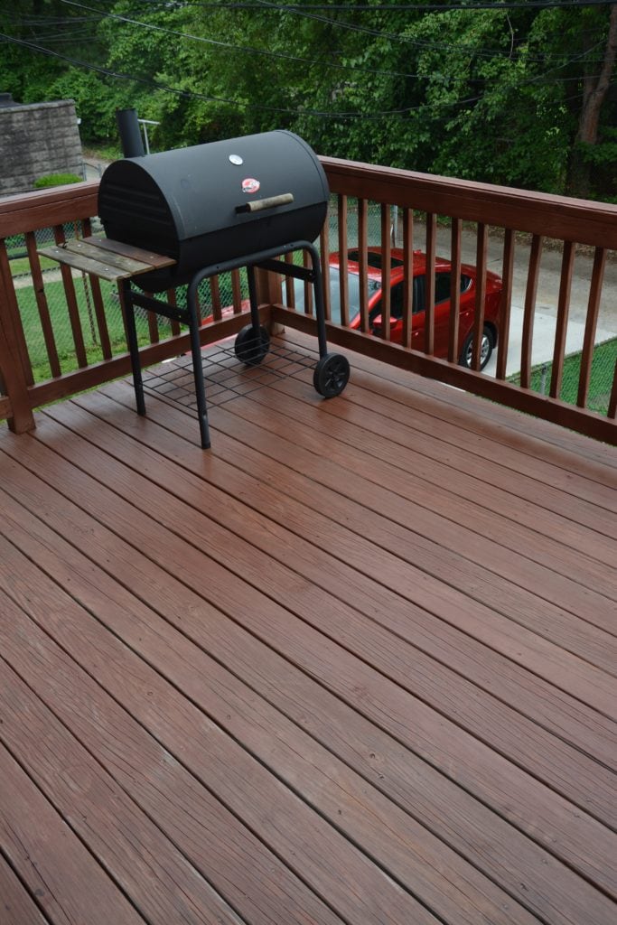 Deck staining tips for your deck: 10 tips before getting started. Gorgeous stained deck AFTER. - Thrift Diving