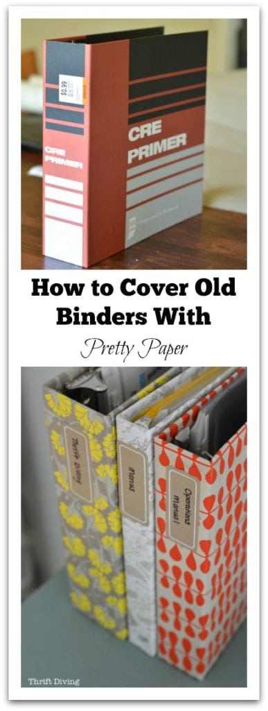 How to Cover Old Binders with Pretty Paper - Makeover old binders from thrift thrift store and glue or Mod Podge pretty paper to them. - Thrift Diving