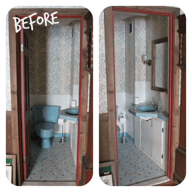 Narrow half bathroom that is outdated gets an updated makeover!