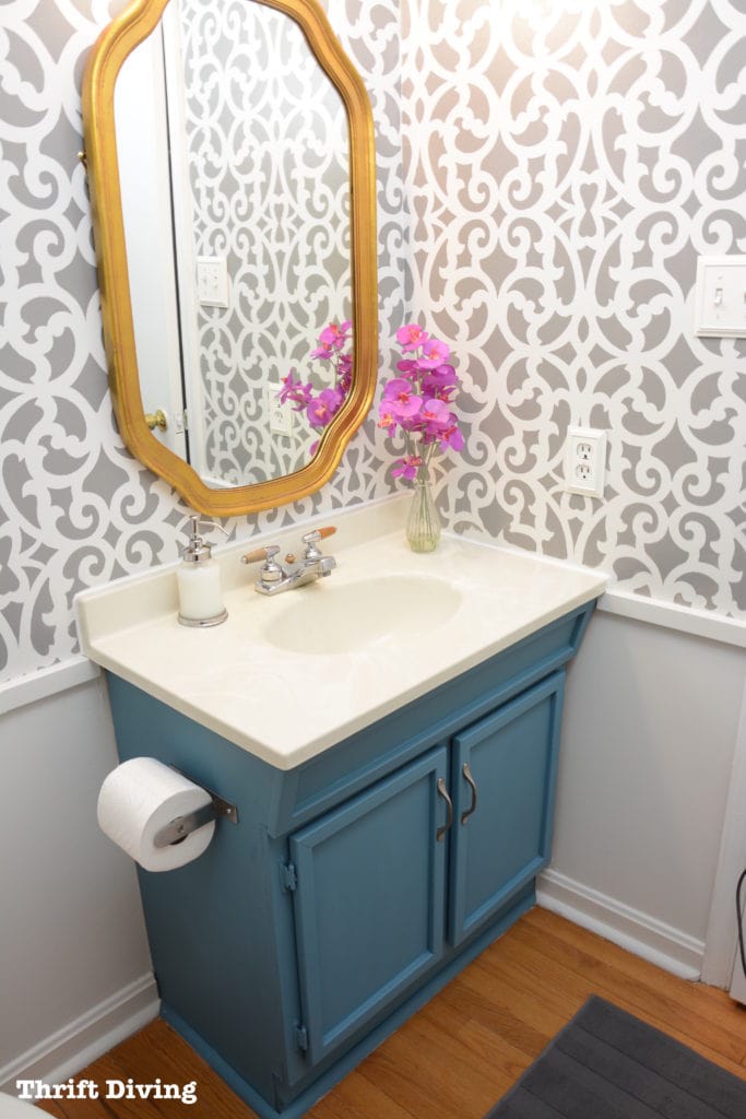 Small Bathroom Makeover Using Stencils - AFTER - Thrift Diving blog