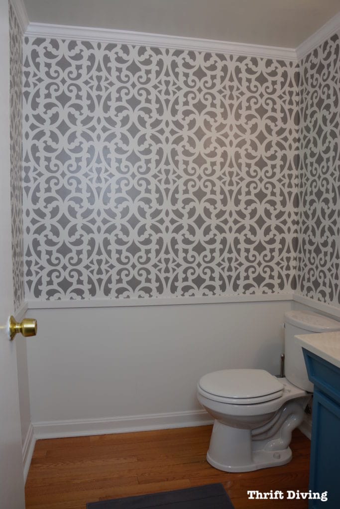 Small Gray Bathroom Makeover - Mansion House Grille stencil - ThriftDiving.com
