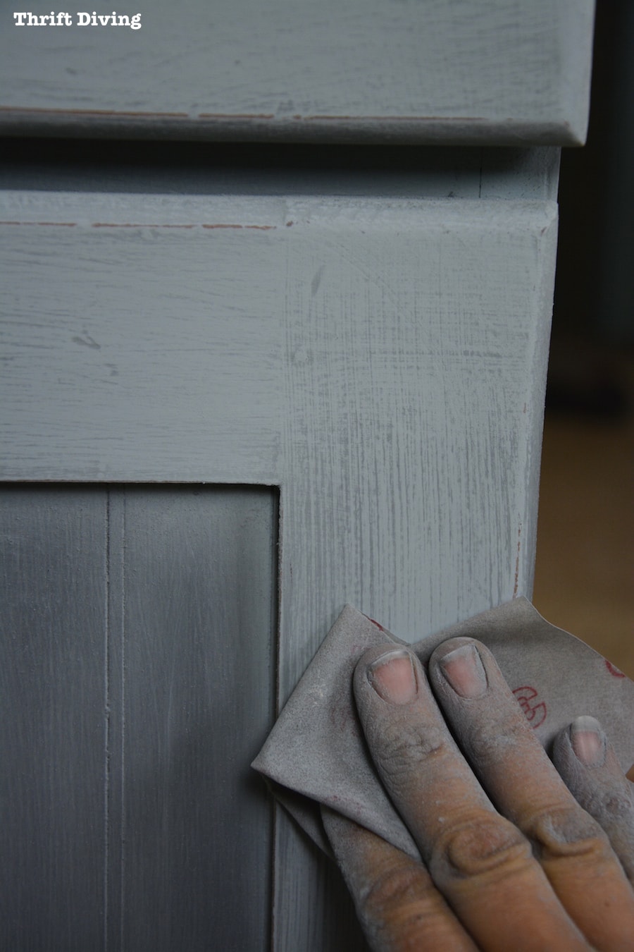 Wooden Trash Can Makeover - Use sandpaper over steel wool to create an aged surface on painted furniture. - Thrift Diving