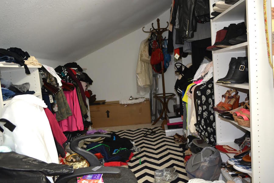 Walk-in closet makeover - BEFORE - Closet needs organization. - Thrift Diving