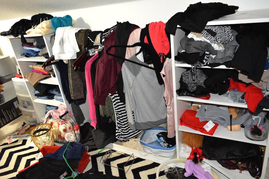 Walk-in closet makeover - BEFORE - Clothes thrown everywhere. - Thrift Diving