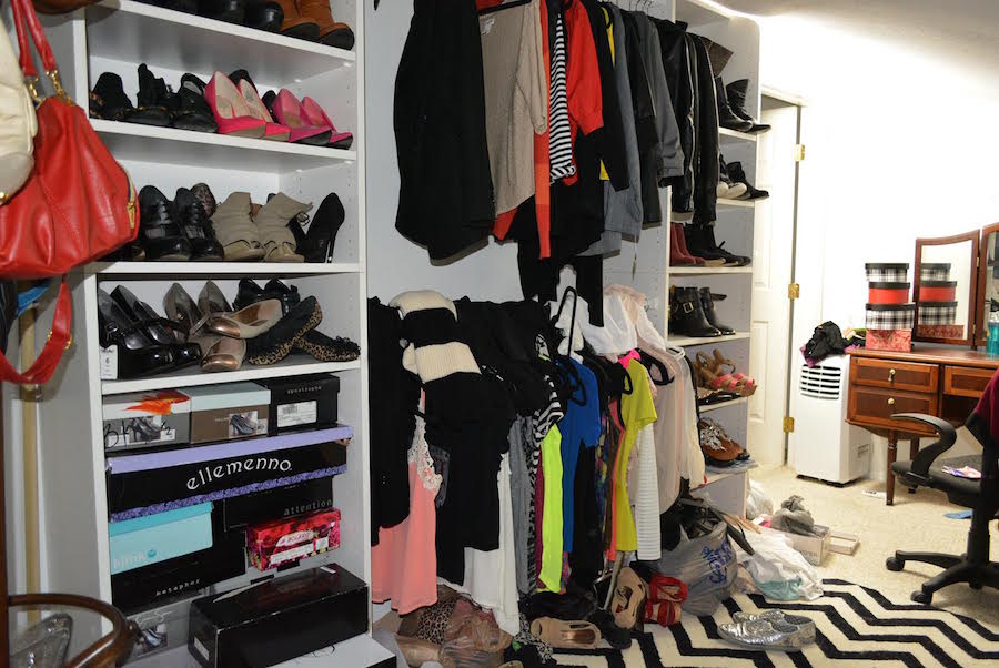 Walk-in closet makeover - BEFORE - Everything need a place in the closet. - Thrift Diving